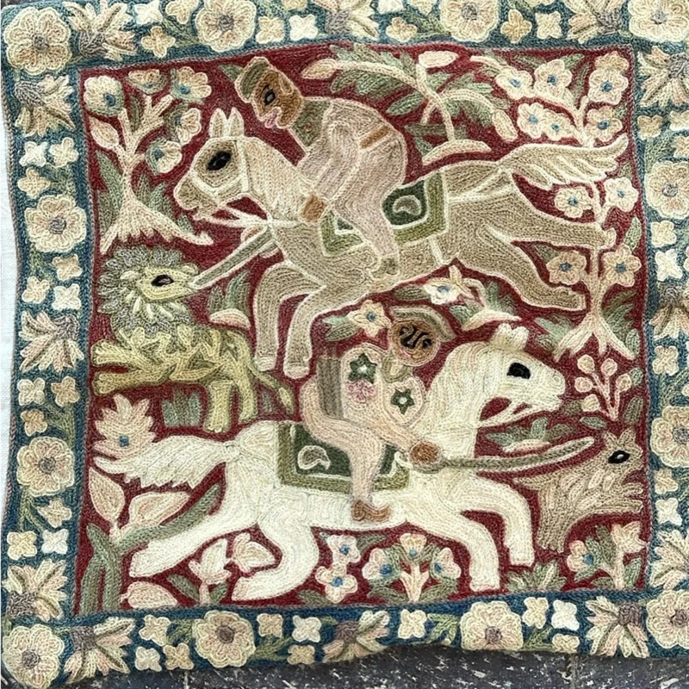 Hand Hooked Folk Art Horse & Rider Wool pillowcase set of 3